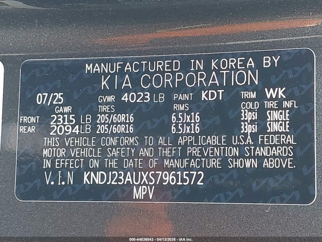 Aukcja sprzedaży 2025 Kia Soul Lx, vin: KNDJ23AUXS7961572, numer aukcji: 44836043