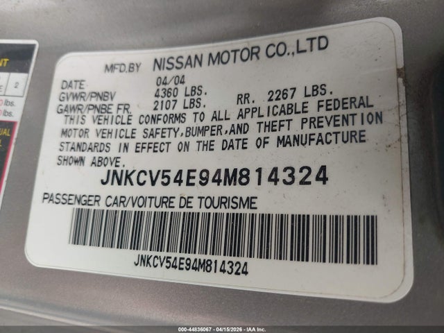 44836067 :رقم المزاد ، JNKCV54E94M814324 vin ، 2004 Infiniti G35 مزاد بيع