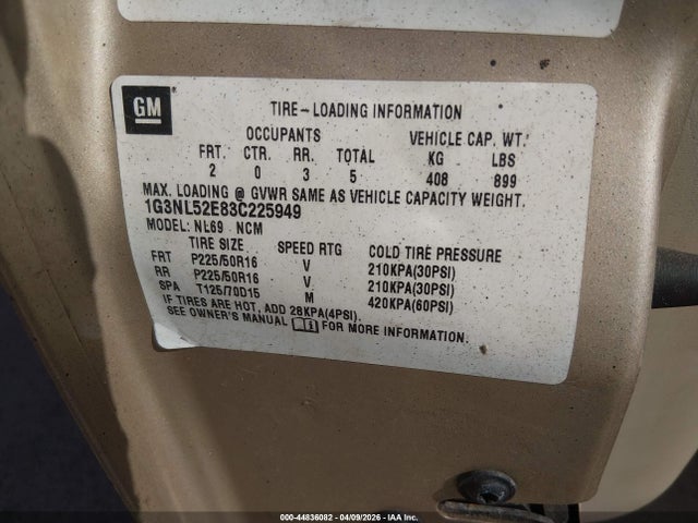 44836082 :رقم المزاد ، 1G3NL52E83C225949 vin ، 2003 Oldsmobile Alero Gl2 مزاد بيع