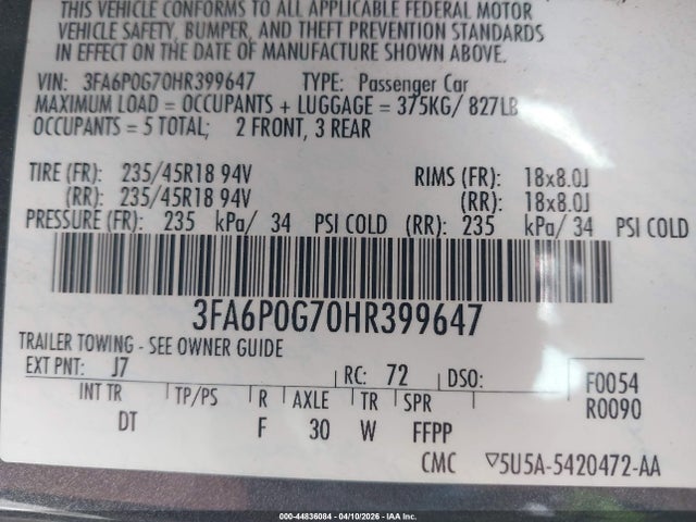3FA6P0G70HR399647 Ford FUSION S