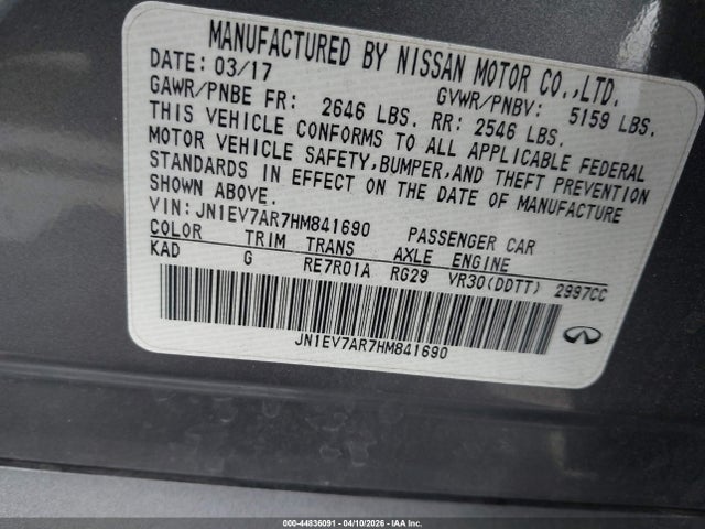 44836091 :رقم المزاد ، JN1EV7AR7HM841690 vin ، 2017 Infiniti Q50 3.0t Signature Edition مزاد بيع