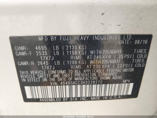 4S4BSACC3H3228272 Subaru Outback 2.5i Premium