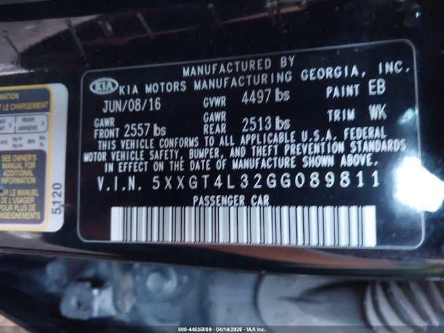 44836099 :رقم المزاد ، 5XXGT4L32GG089811 vin ، 2016 Kia Optima Lx مزاد بيع