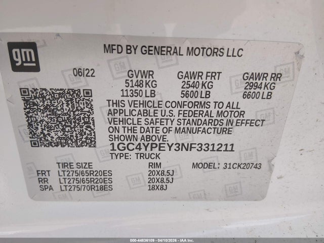 Продаж на аукціоні авто 2022 Chevrolet Silverado 2500hd 4wd  Standard Bed Ltz, vin: 1GC4YPEY3NF331211, номер лоту: 44836109