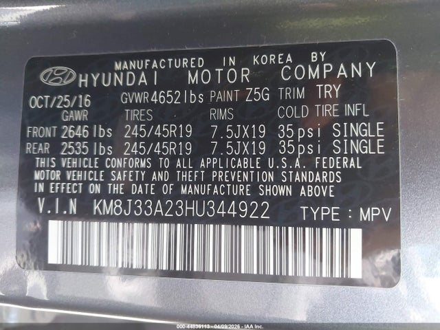 2017 HYUNDAI TUCSON KM8J33A23HU344922 Photo 8