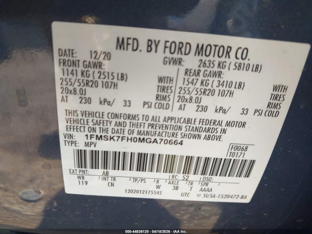2021 Ford Explorer Limited მანქანა იყიდება აუქციონზე, vin: 1FMSK7FH0MGA70664, აუქციონის ნომერი: 44836120