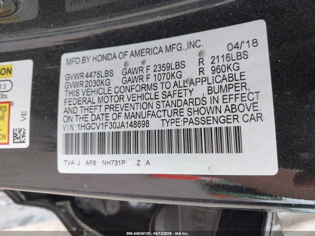 Продаж на аукціоні авто 2018 Honda Accord Sport, vin: 1HGCV1F30JA148698, номер лоту: 44836128