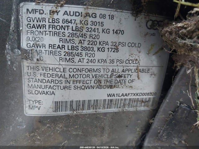 44836139 :رقم المزاد ، WA1LAAF7XKD006320 vin ، 2019 Audi Q7 55 Premium/55 Se Premium مزاد بيع