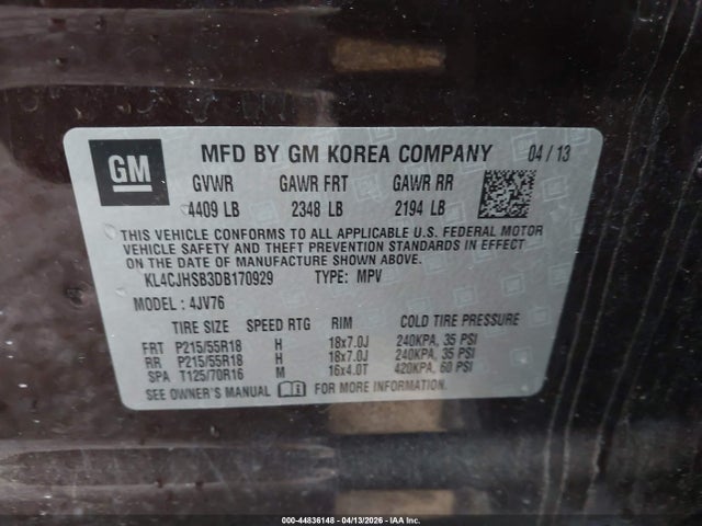 44836148 :رقم المزاد ، KL4CJHSB3DB170929 vin ، 2013 Buick Encore Premium مزاد بيع