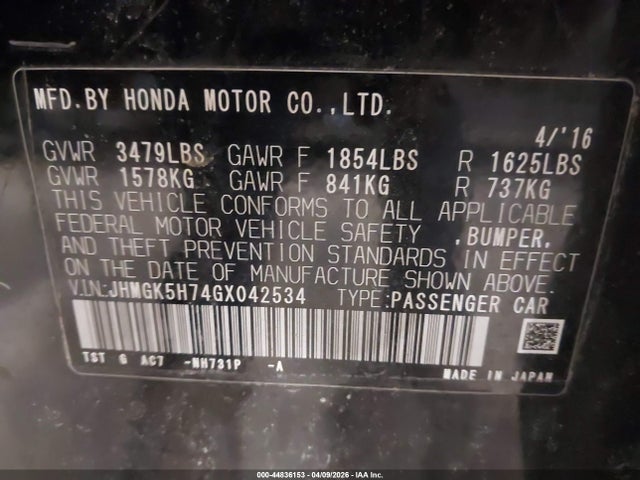Продажа на аукционе авто 2016 Honda Fit Ex, vin: JHMGK5H74GX042534, номер лота: 44836153