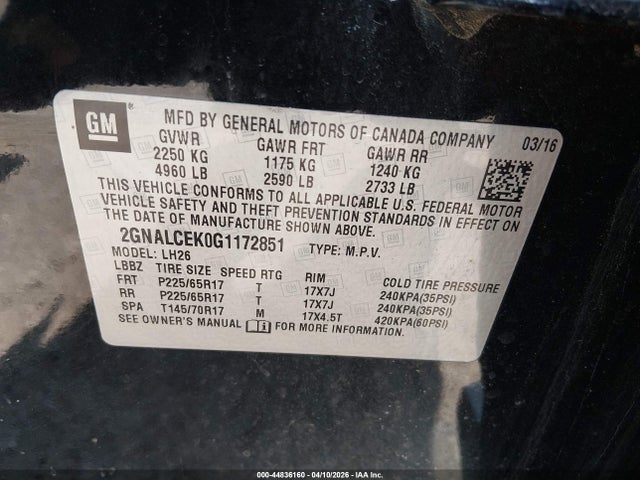 Aukcja sprzedaży 2016 Chevrolet Equinox Lt, vin: 2GNALCEK0G1172851, numer aukcji: 44836160