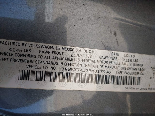 44836165 :رقم المزاد ، 3VWBX7AJ2BM017996 vin ، 2011 Volkswagen Jetta 2.5l Se مزاد بيع