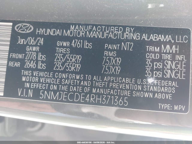 Aukcja sprzedaży 2024 Hyundai Tucson Limited, vin: 5NMJECDE4RH371365, numer aukcji: 44836186