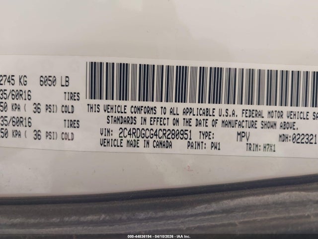 Продаж на аукціоні авто 2012 Dodge Grand Caravan Sxt, vin: 2C4RDGCG4CR280951, номер лоту: 44836194