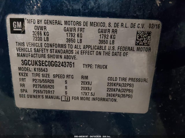 Aukcja sprzedaży 2016 Chevrolet Silverado 1500 1lz, vin: 3GCUKSEC0GG243761, numer aukcji: 44836197