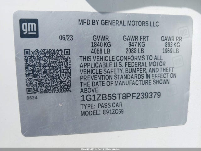 Aukcja sprzedaży 2023 Chevrolet Malibu Fwd Ls, vin: 1G1ZB5ST8PF239379, numer aukcji: 44836221
