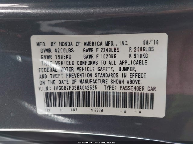 Honda ACCORD LX 2017 1HGCR2F33HA042525 Image 9