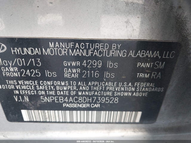 Aukcja sprzedaży 2013 Hyundai Sonata Gls, vin: 5NPEB4AC8DH739528, numer aukcji: 44836232
