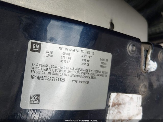 44836236 :رقم المزاد ، 1G1AF5F58A7171129 vin ، 2010 Chevrolet Cobalt Lt مزاد بيع