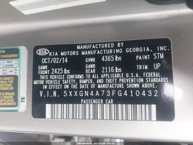 2015 Kia Optima Ex მანქანა იყიდება აუქციონზე, vin: 5XXGN4A73FG410432, აუქციონის ნომერი: 44836241