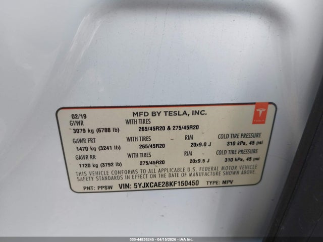 Продаж на аукціоні авто 2019 Tesla Model X, vin: 5YJXCAE28KF150450, номер лоту: 44836245