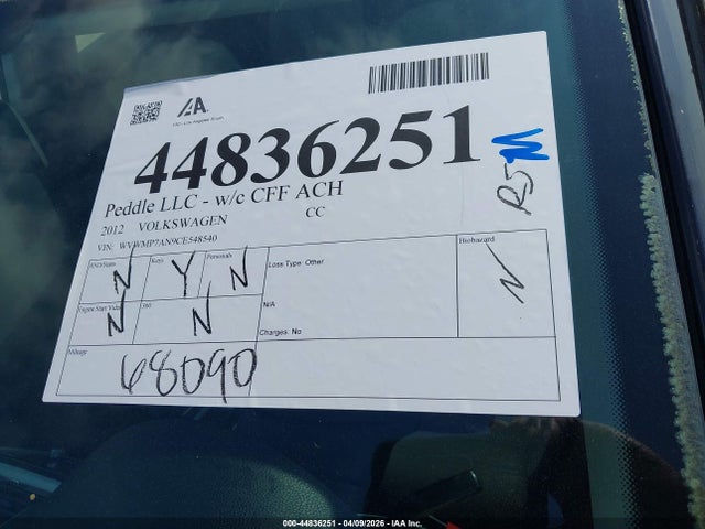 Aukcja sprzedaży 2012 Volkswagen Cc R-line, vin: WVWMP7AN9CE548540, numer aukcji: 44836251