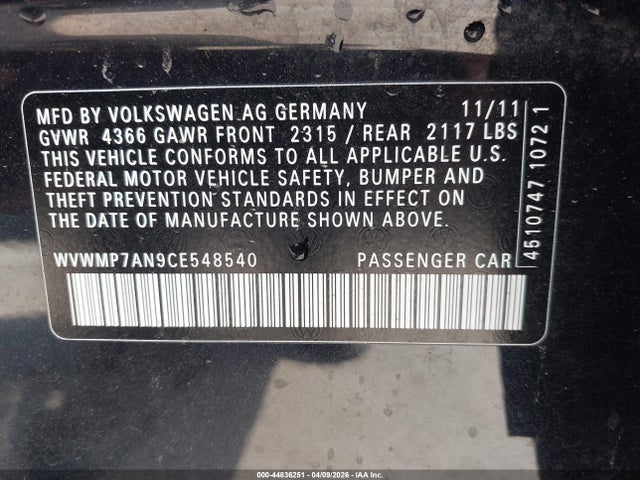 Aukcja sprzedaży 2012 Volkswagen Cc R-line, vin: WVWMP7AN9CE548540, numer aukcji: 44836251
