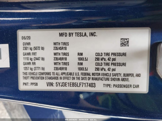 Продажа на аукционе авто 2020 Tesla Model 3 Long Range Dual Motor All-wheel Drive, vin: 5YJ3E1EB5LF717403, номер лота: 44836253