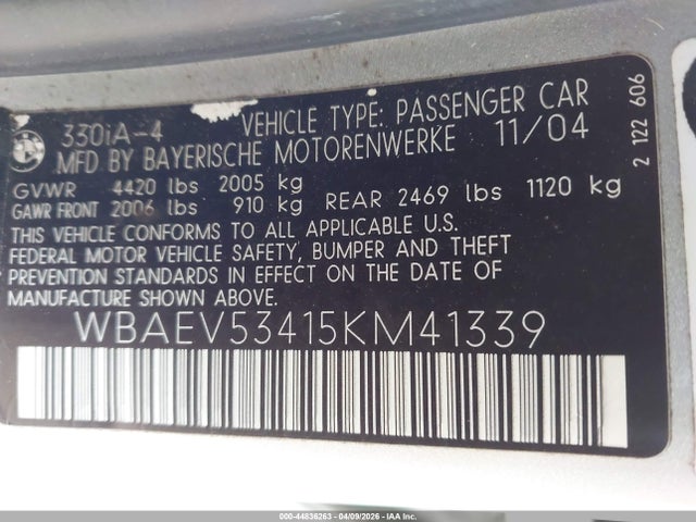 44836263 :رقم المزاد ، WBAEV53415KM41339 vin ، 2005 Bmw 330i مزاد بيع
