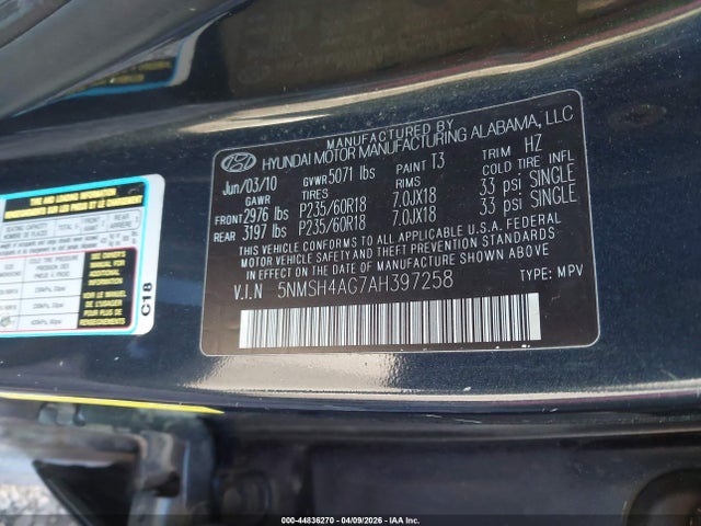 Aukcja sprzedaży 2010 Hyundai Santa Fe Se, vin: 5NMSH4AG7AH397258, numer aukcji: 44836270
