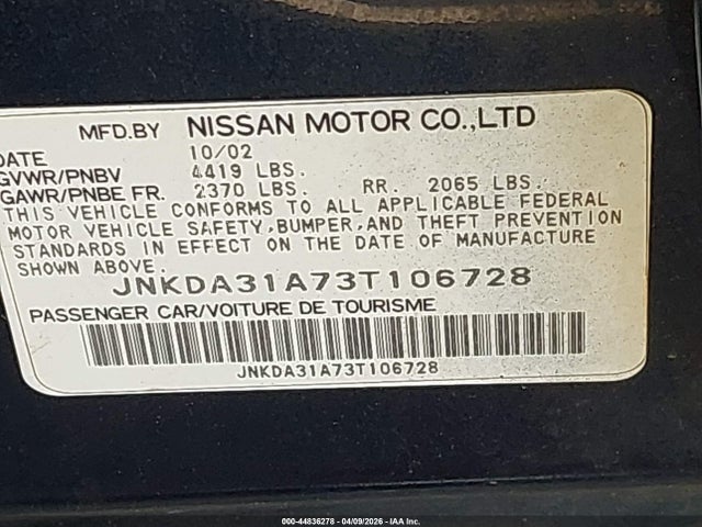 44836278 :رقم المزاد ، JNKDA31A73T106728 vin ، 2003 Infiniti I35 Luxury مزاد بيع