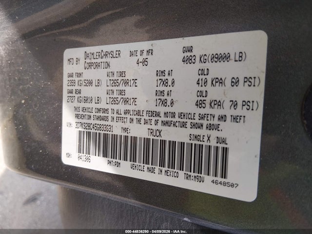 Продажа на аукционе авто 2005 Dodge Ram 2500 Slt/laramie, vin: 3D7KS28C45G833631, номер лота: 44836290