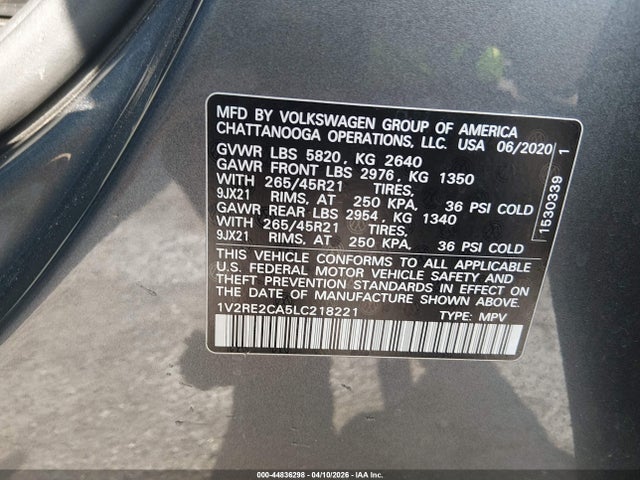 44836298 :رقم المزاد ، 1V2RE2CA5LC218221 vin ، 2020 Volkswagen Atlas Cross Sport 3.6l V6 Sel R-line مزاد بيع
