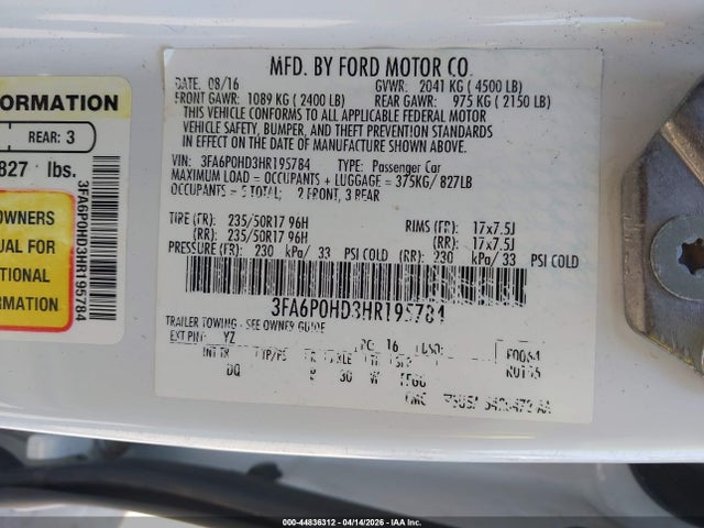 44836312 :رقم المزاد ، 3FA6P0HD3HR195784 vin ، 2017 Ford Fusion Se مزاد بيع