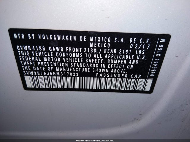 Aukcja sprzedaży 2017 Volkswagen Jetta 1.4t S, vin: 3VW2B7AJ5HM317023, numer aukcji: 44836318