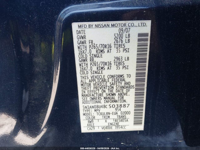 Aukcja sprzedaży 2008 Nissan Xterra S, vin: 5N1AN08U48C503887, numer aukcji: 44836328
