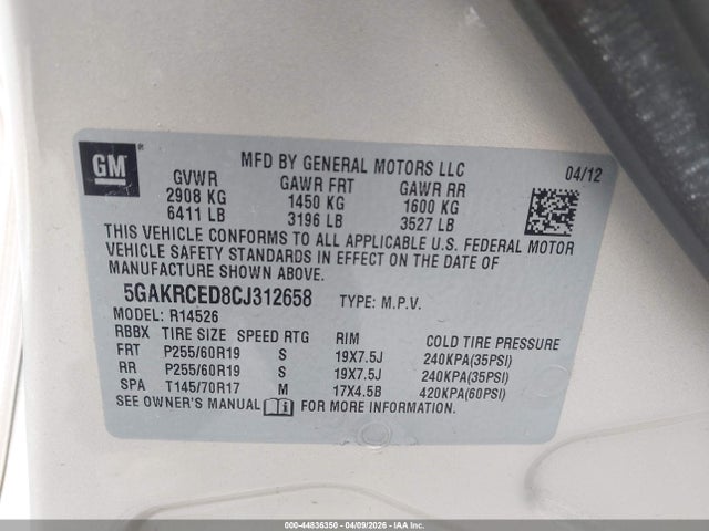 Aukcja sprzedaży 2012 Buick Enclave Leather, vin: 5GAKRCED8CJ312658, numer aukcji: 44836350