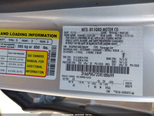 2013 Ford Fusion S მანქანა იყიდება აუქციონზე, vin: 3FA6P0G72DR188699, აუქციონის ნომერი: 44836366