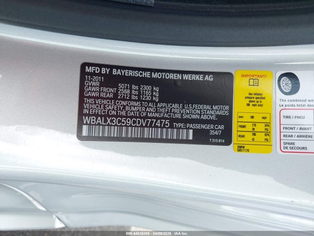 2012 Bmw 650i მანქანა იყიდება აუქციონზე, vin: WBALX3C59CDV77475, აუქციონის ნომერი: 44836368