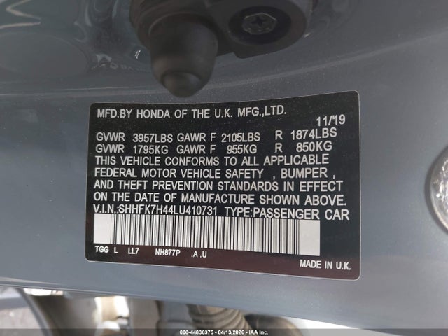 44836375 :رقم المزاد ، SHHFK7H44LU410731 vin ، 2020 Honda Civic Sport مزاد بيع