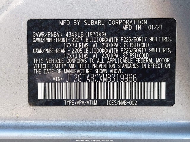 44836397 :رقم المزاد ، JF2GTABCXM8319966 vin ، 2021 Subaru Crosstrek مزاد بيع