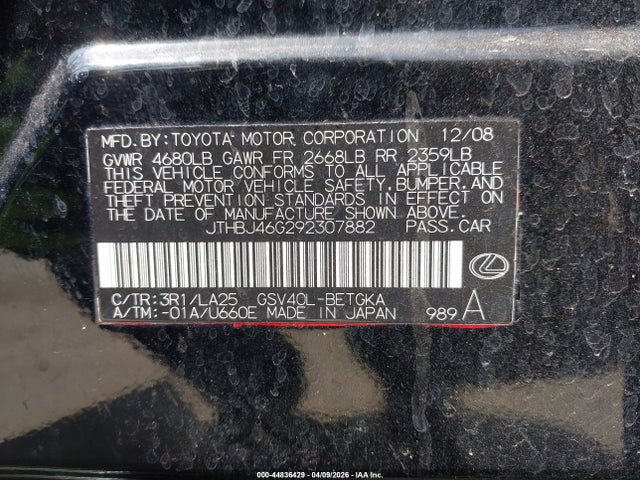 Продажа на аукционе авто 2009 Lexus Es 350, vin: JTHBJ46G292307882, номер лота: 44836429