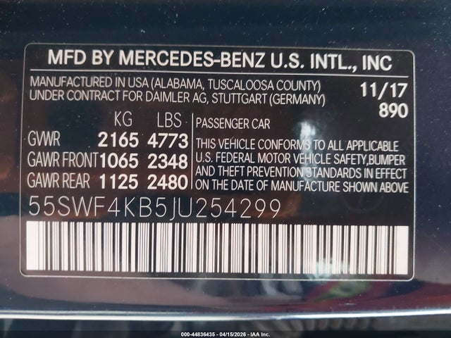 Продажа на аукционе авто 2018 Mercedes-benz C 300 4matic, vin: 55SWF4KB5JU254299, номер лота: 44836435