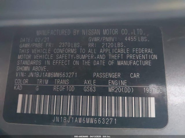 Продаж на аукціоні авто 2021 Nissan Rogue Sport S Awd Xtronic Cvt, vin: JN1BJ1AW6MW663271, номер лоту: 44836460
