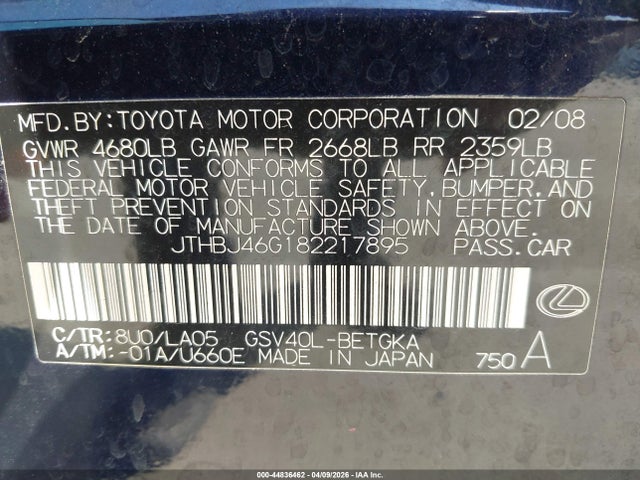 Aukcja sprzedaży 2008 Lexus Es 350, vin: JTHBJ46G182217895, numer aukcji: 44836462