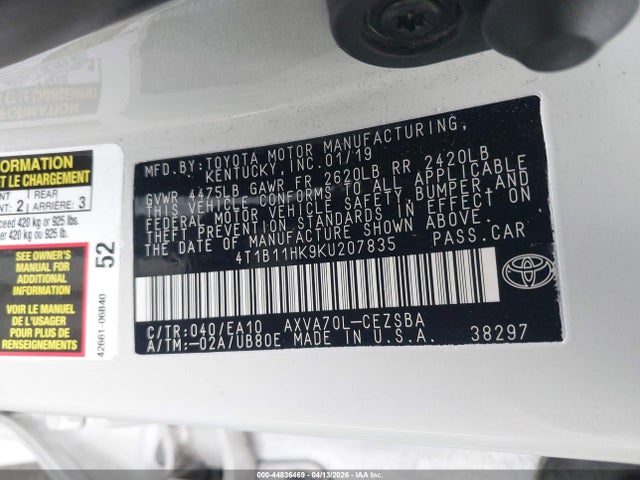 4T1B11HK9KU207835 Toyota CAMRY SE