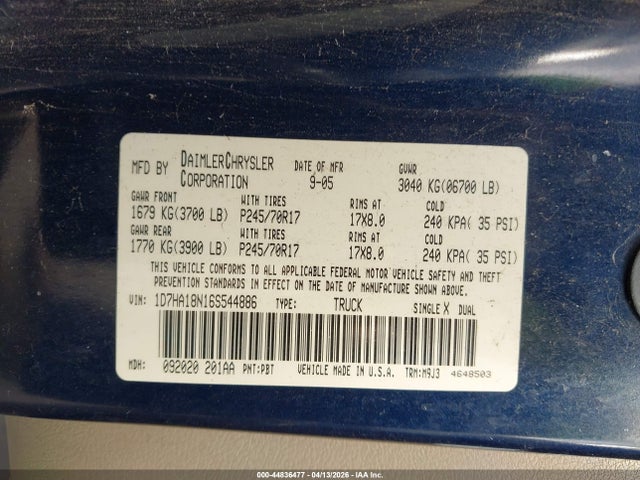 Продажа на аукционе авто 2006 Dodge Ram 1500 Slt, vin: 1D7HA18N16S544886, номер лота: 44836477