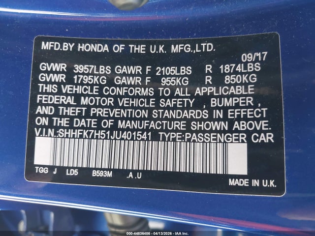 SHHFK7H51JU401541 Honda CIVIC EX