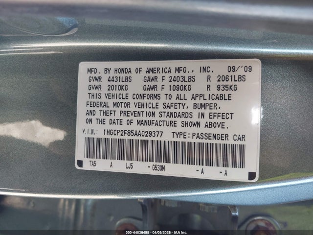 2010 Honda Accord 2.4 Ex-l მანქანა იყიდება აუქციონზე, vin: 1HGCP2F85AA029377, აუქციონის ნომერი: 44836495