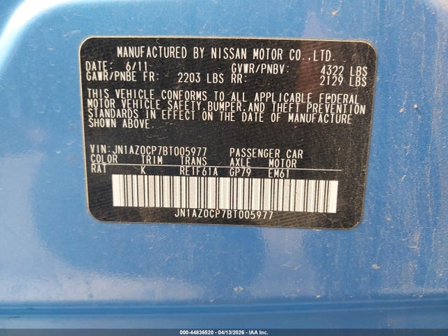 44836520 :رقم المزاد ، JN1AZ0CP7BT005977 vin ، 2011 Nissan Leaf Sl مزاد بيع